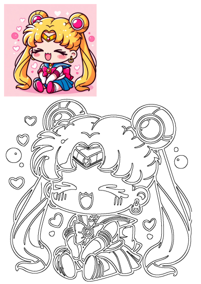 A super cute chibi Sailor Moon anime girl fanart, happily smiling while sitting, surrounded by pink hearts.