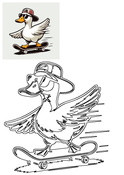 A cool cartoon duck in sunglasses and a hat skateboarding, depicted as both a vibrant illustration and an outline design.