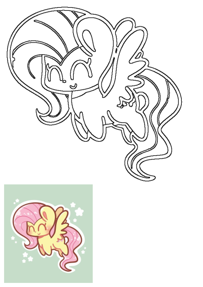 Cute Fluttershy pony with yellow body and pink hair, happily flying with wings amidst stars. Ideal for My Little Pony fans.