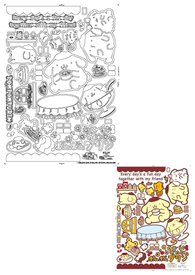 Pompompurin sticker sheet featuring the lovable Sanrio dog and his animal friends enjoying various sweet foods and desserts.