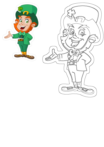 A happy St. Patrick's Day leprechaun in a green suit and hat with a shamrock, smiling and pointing. Includes an outline version.