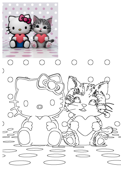 Cute Hello Kitty and a grey kitten holding red hearts on a polka dot background, with a black and white coloring page outline below.