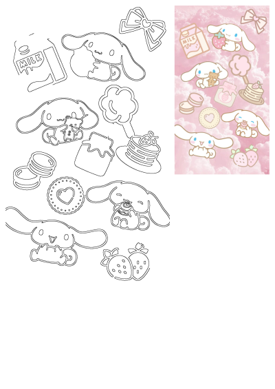Kawaii Cinnamoroll stickers on a soft pink cloud background, featuring various poses with milk, pancakes, strawberries, and their outlines.