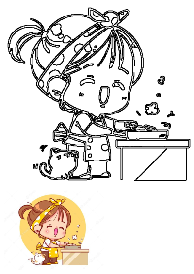 A cute kawaii cartoon girl, wearing an apron and headband, happily cooking with a pan, while her small cat companion watches.