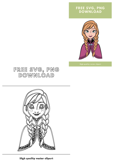 Anna Frozen character with braided hair. This free SVG PNG download includes a colorful illustration and a black outline version.