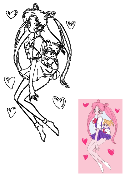 Sailor Moon Chibi Usa holds a tiny Sailor Moon in this cute anime art, featuring a lovely pink background with adorable floating hearts.