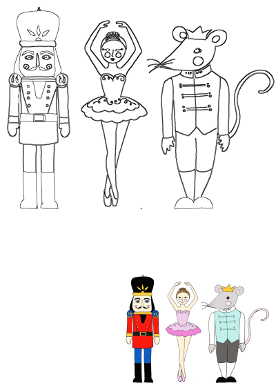 Outline and colored illustrations of Nutcracker soldier, graceful ballerina, and royal Mouse King from the classic ballet.