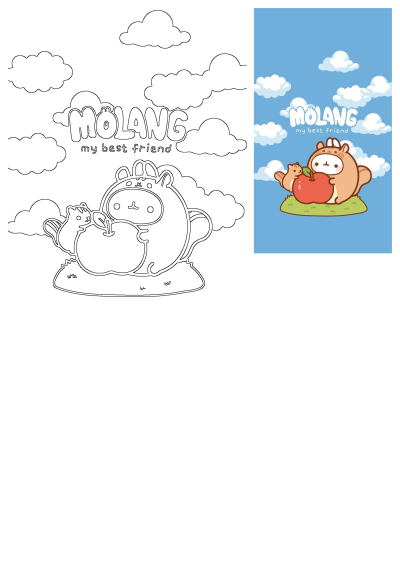 Molang cartoon character in squirrel costume, with a friend, holding a red apple on grass under blue sky and clouds.