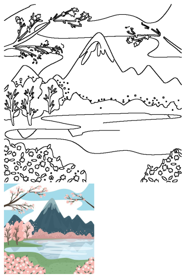 A beautiful mountain landscape featuring delicate cherry blossoms blooming along a tranquil river, creating a serene natural scene.