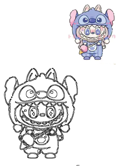 A cute cartoon character in a blue Stitch costume with pink ears holds a pink ice cream cone, presented with its outline.