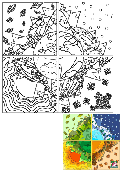 Abstract geometric art of Earth's four seasons: spring leaves, winter snow, summer sun, autumn foliage. Shown in outline and full color.