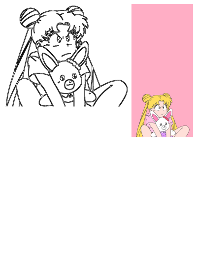 Angry Sailor Moon, with blonde odango buns, clutches a cute bunny teddy bear against a soft pink backdrop.