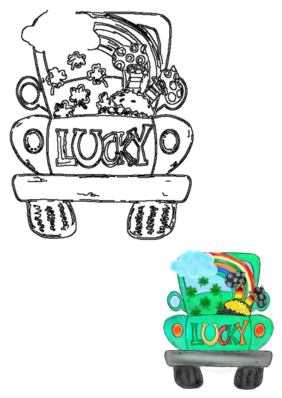 A festive St. Patrick's Day bus drawing featuring a lucky green bus, shamrocks, a vibrant rainbow, and a pot of gold.