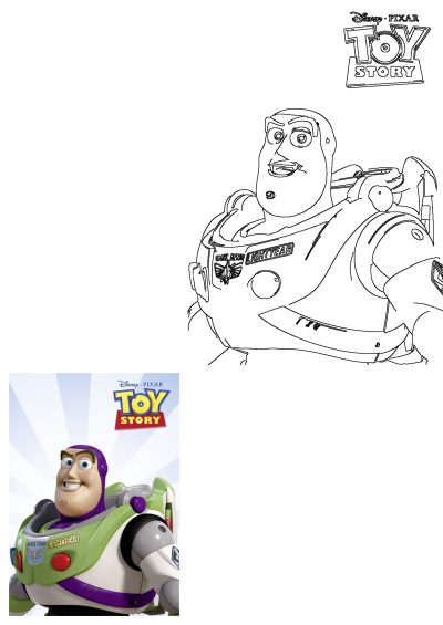 Buzz Lightyear Toy Story character portrait shows his iconic suit in vibrant colors, with an accompanying black-and-white outline.