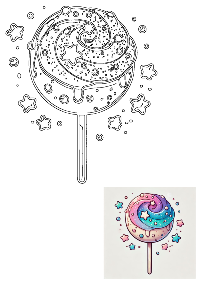 Cute starry swirl lollipop outline adorned with sprinkles and stars, perfect for sweet candy illustrations.