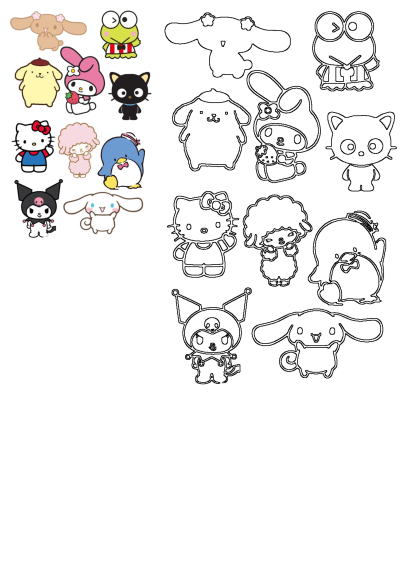 Digital sticker sheet featuring Hello Kitty, My Melody, Cinnamoroll, Pompompurin, Keroppi, and other Sanrio friends in colorful and outline designs.