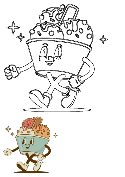 Black and white outline of a cheerful ice cream sundae cartoon character running, smiling, topped with sprinkles and a wafer.