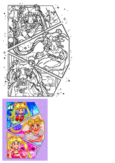 Sailor Moon pixel art video game tribute depicting iconic poses and daily life scenes, alongside an abstract black and white pixel design.