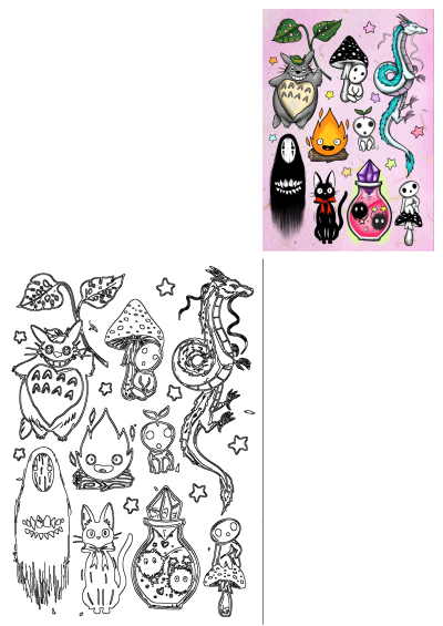 Whimsical Studio Ghibli characters: Totoro, No-Face, Jiji, Calcifer, Haku dragon, Kodama, and Soot Sprites on a pink background.