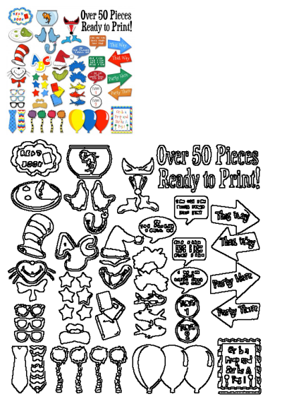 Over 50 Dr. Seuss Cat in the Hat printable party props including hats, iconic characters, quotes, and directional signs for festive decorations.