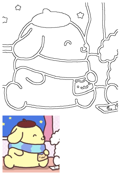 Line art of Pompompurin in a cute winter outfit, wearing a beret and scarf, holding a small mug.
