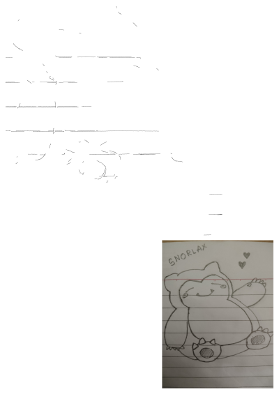 A charming Snorlax drawing on lined paper, depicting the beloved Pokémon character with its name 'SNORLAX' and two hearts.