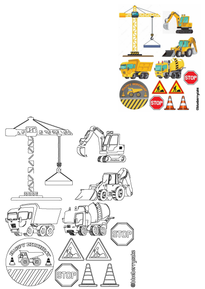 Vibrant and outline cartoon construction vehicles: cranes, excavators, trucks, cement mixers, plus stop and worker signs, cones.