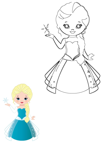 A vibrant Frozen Princess Elsa cartoon illustration alongside a black and white outline for creative expression, both holding a snowflake.