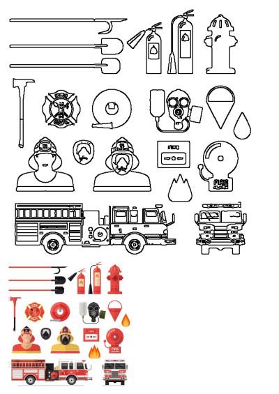 Fire department icons and symbols featuring outline drawings and colorful flat illustrations of firefighter tools, gear, and vehicles.