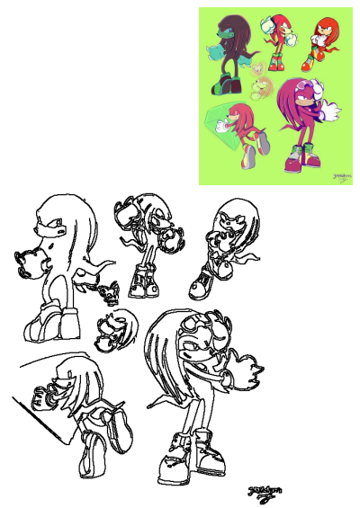 A vibrant art sheet featuring Knuckles the Echidna in multiple dynamic poses, including colored illustrations on a green background and detailed black and white line art.