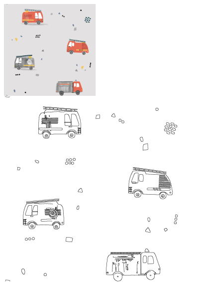 Whimsical red and grey cartoon fire trucks on a light background, perfect for a kids' room vehicle-themed wallpaper.
