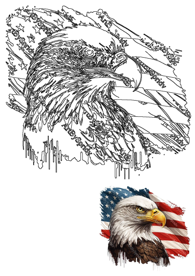 A patriotic bald eagle against a vibrant American flag background, shown as both a detailed color illustration and a clean outline.