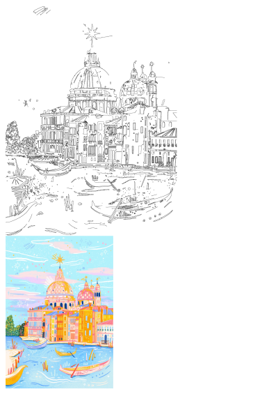 A whimsical art illustration of Venice, featuring vibrant canal buildings, traditional gondolas, and ornate domes under a dreamy sky.