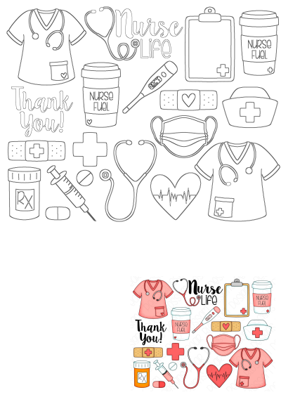 Nurse appreciation design with essential medical tools: scrubs, stethoscopes, masks, thermometer, 'Nurse Life', 'Thank You!', & supplies.