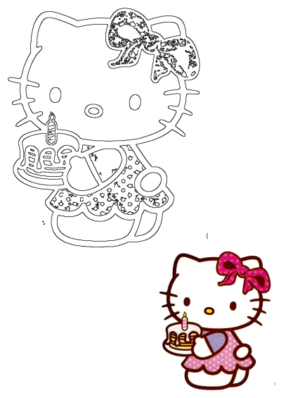 Hello Kitty holding a birthday cake with a lit candle, featured in both a black-and-white outline and a charming colorful illustration.