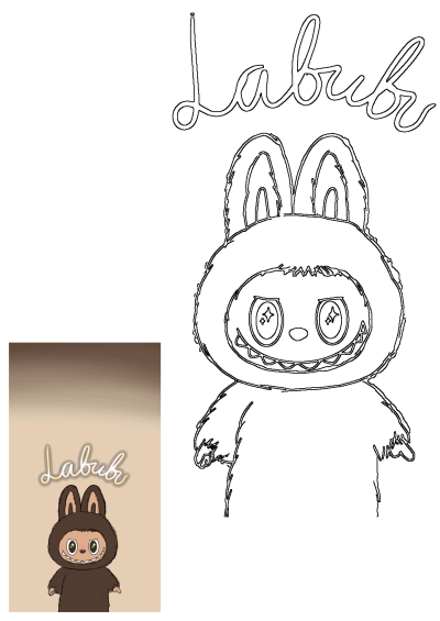 Labubu Cartoon Rabbit Character With Jabb On Face, depicted as a bold outline drawing and a smaller, vibrant colored illustration.