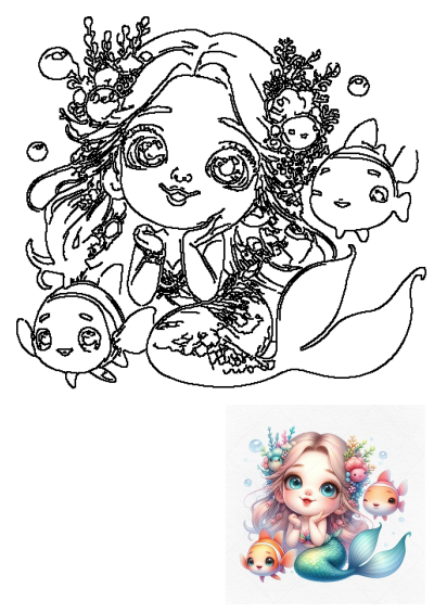 Cute cartoon mermaid character illustration with big eyes, sparkling tail, and two cheerful fish, set in a whimsical underwater world.