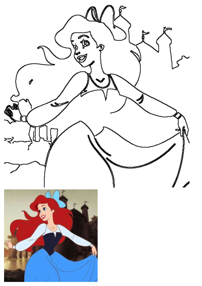 Ariel from The Little Mermaid in her blue dress, smiling with her hands on her skirt. A lovely line art drawing featuring a castle background.