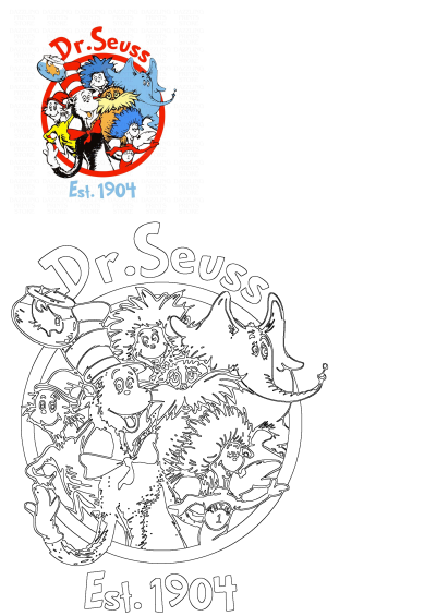 Dr. Seuss characters logo in red and blue, with Cat in the Hat, Lorax, Horton, plus a black line art version. Celebrates Est. 1904.