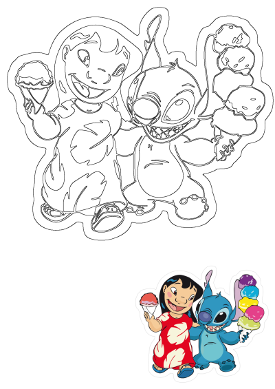 Lilo and Stitch cartoon characters happily enjoying delicious ice cream cones. Lilo holds one, Stitch has multiple colorful scoops.