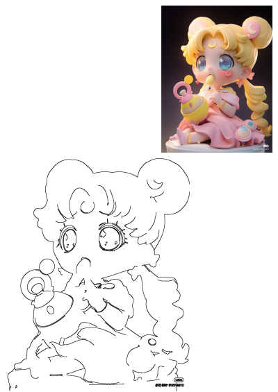 Charming close-up of a chibi Sailor Moon figurine collectible toy in a pink dress, blowing bubbles, with its outline drawing.