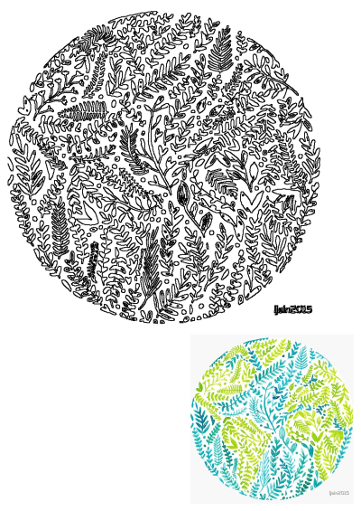 A vibrant blue and green watercolor illustration of diverse leaves and botanicals arranged in a circle, with its original black line art.
