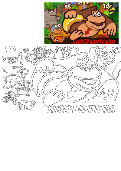 Donkey Kong Country Super Nintendo artwork shows DK holding a banana, surrounded by Diddy Kong, Rambi, and other iconic characters.