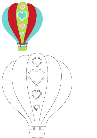 Vibrant hot air balloon vector graphic featuring red, blue, and green panels with heart accents, ideal for Valentine's Day.