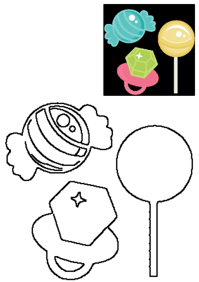 Colorful Candy Lollipops Sticker Sheet featuring various sweet treats like wrapped candy, lollipops, and ring pops, both colored and outline versions.