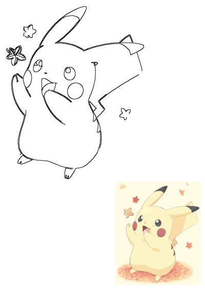 A joyful cartoon Pikachu outline drawing sitting with arms raised and eyes closed, surrounded by playful star shapes.