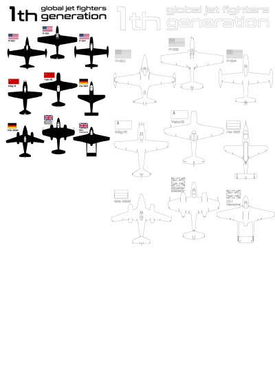 First-generation global jet fighters poster featuring silhouettes and outline drawings of iconic aircraft like the P-80, Mig-9, and Me 262.