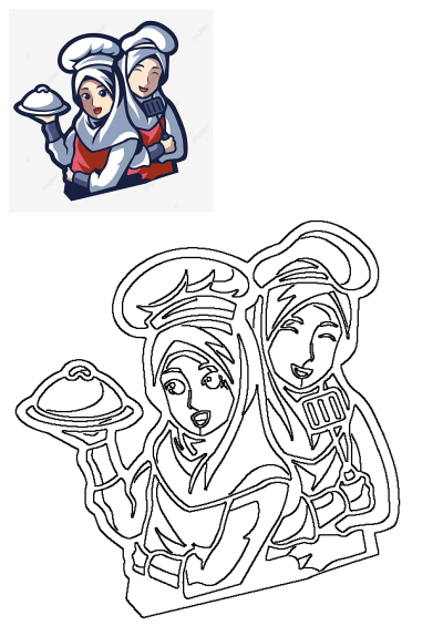 Two smiling Muslim female chefs, wearing hijabs and chef hats, holding a covered food tray and a spatula.