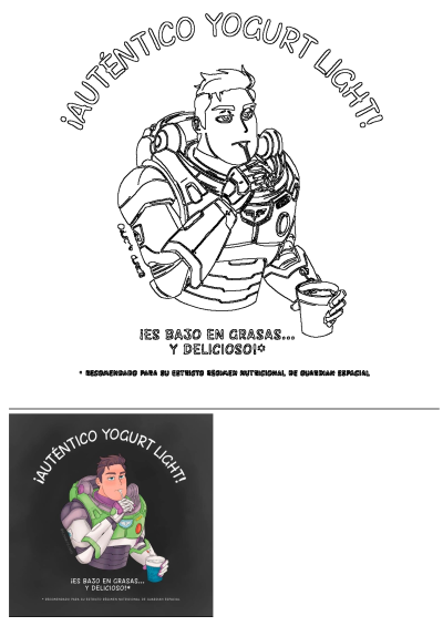 Buzz Lightyear cartoon in his space suit drinks authentic light, low-fat, delicious yogurt, ideal for space guardians.