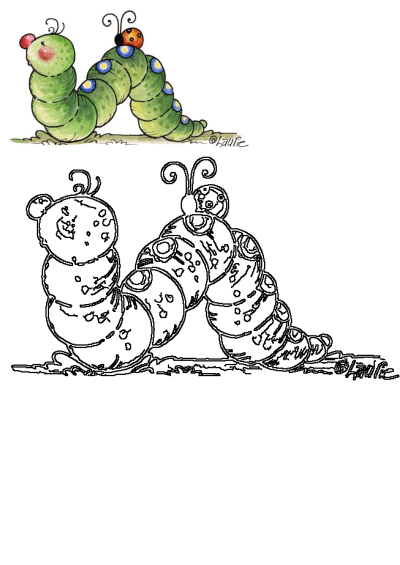 A cute cartoon green caterpillar with a red nose, spots, and a ladybug on its back. Includes a black outline version.